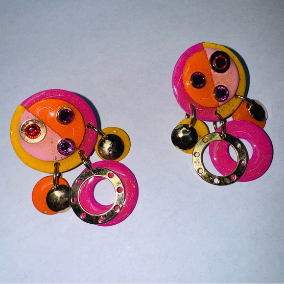 MAM VINTAGE 80’s CLIP EARRINGS PINK YELLOW AND ORANGE WITH CRYSTAL GOLD ACCENTS - Picture 7 of 10